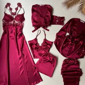 Bordeaux 6-Piece Long Slit Satin Nightgown Robe Set