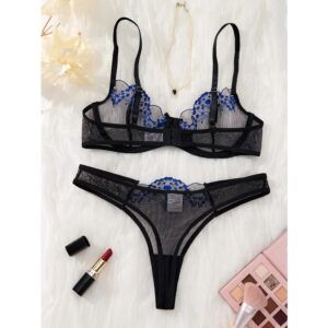 White Fan Shape Embroidered Flower Butterfly Mesh Bra and Panty Set