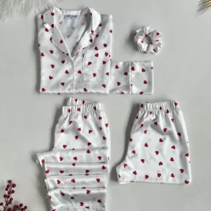 White Red Heart Satin Pajama Set